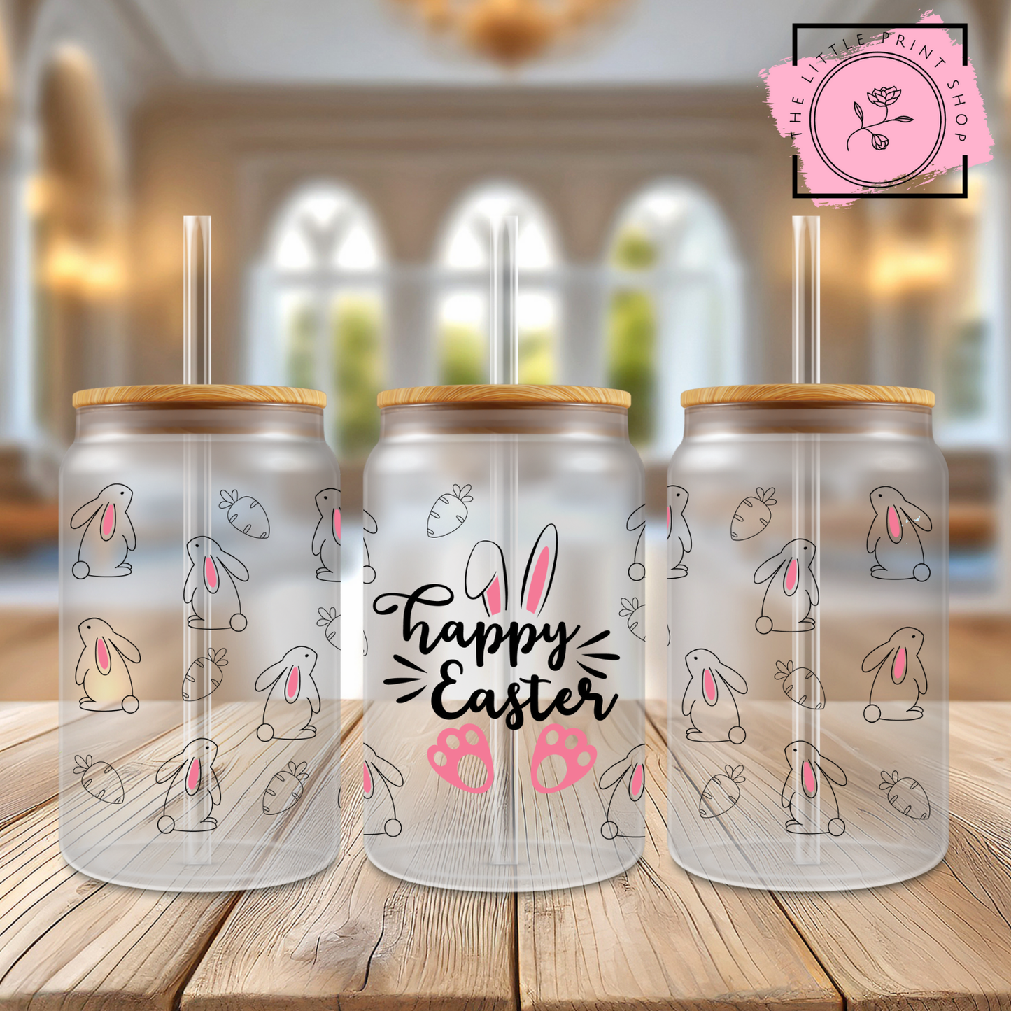 Happy Easter Pink Ears - 16oz Libbey Glass Printed UV DTF Wrap
