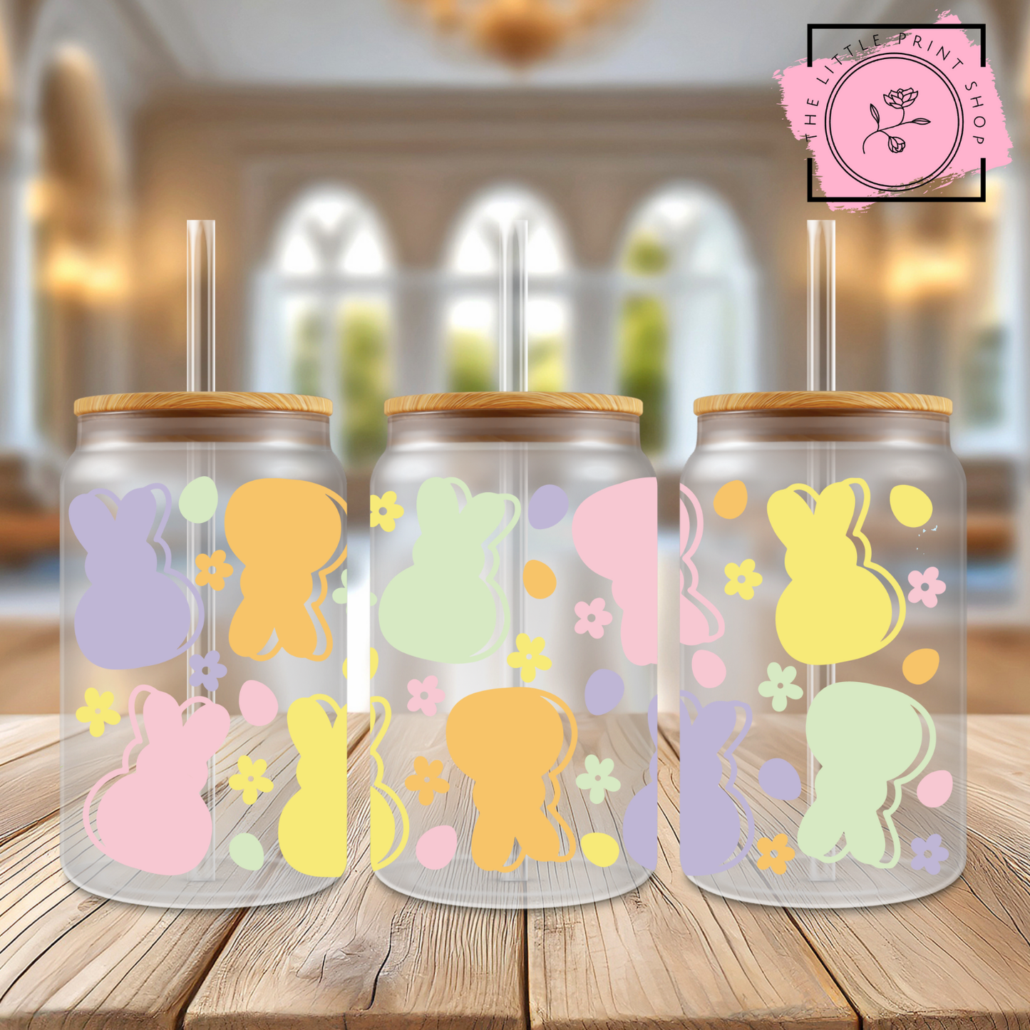 Colourful Bunnies - 16oz Libbey Glass Printed UV DTF Wrap