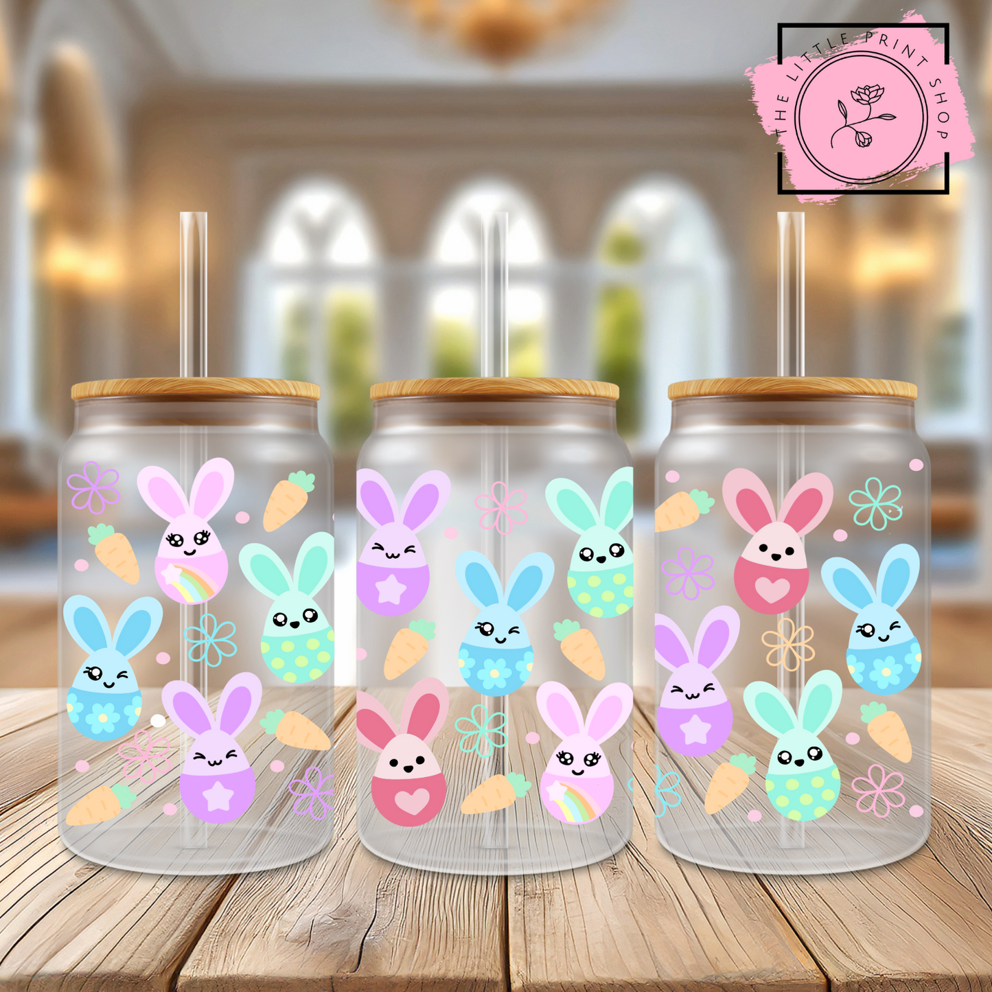 Colourful Bunnies - 16oz Libbey Glass Printed UV DTF Wrap