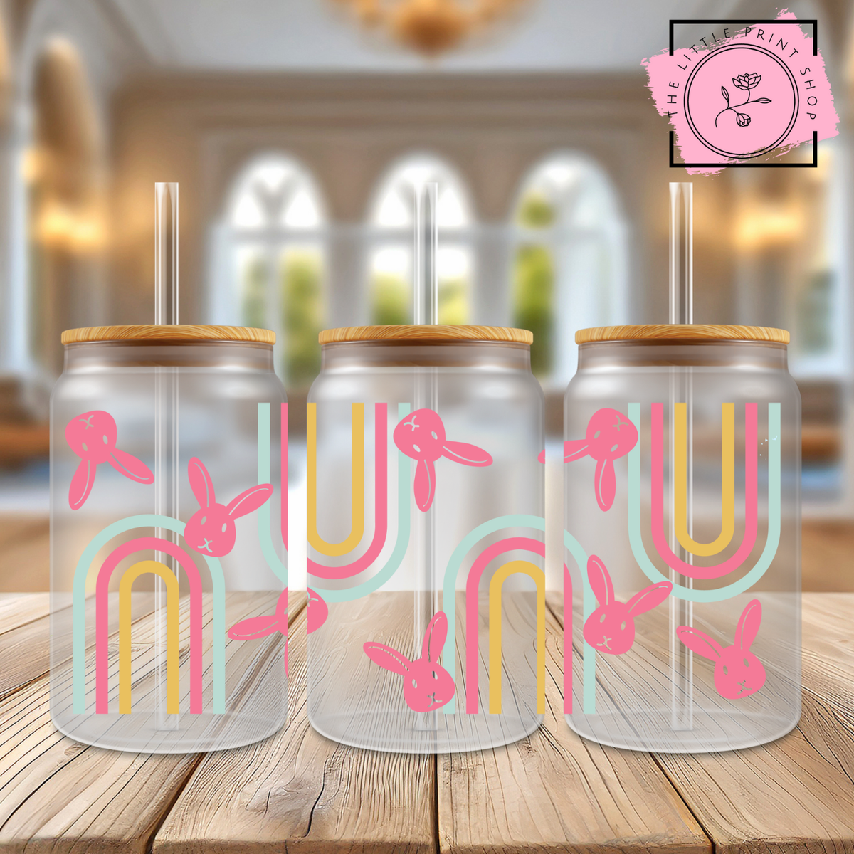 Bunny Rainbow - 16oz Libbey Glass Printed UV DTF Wrap