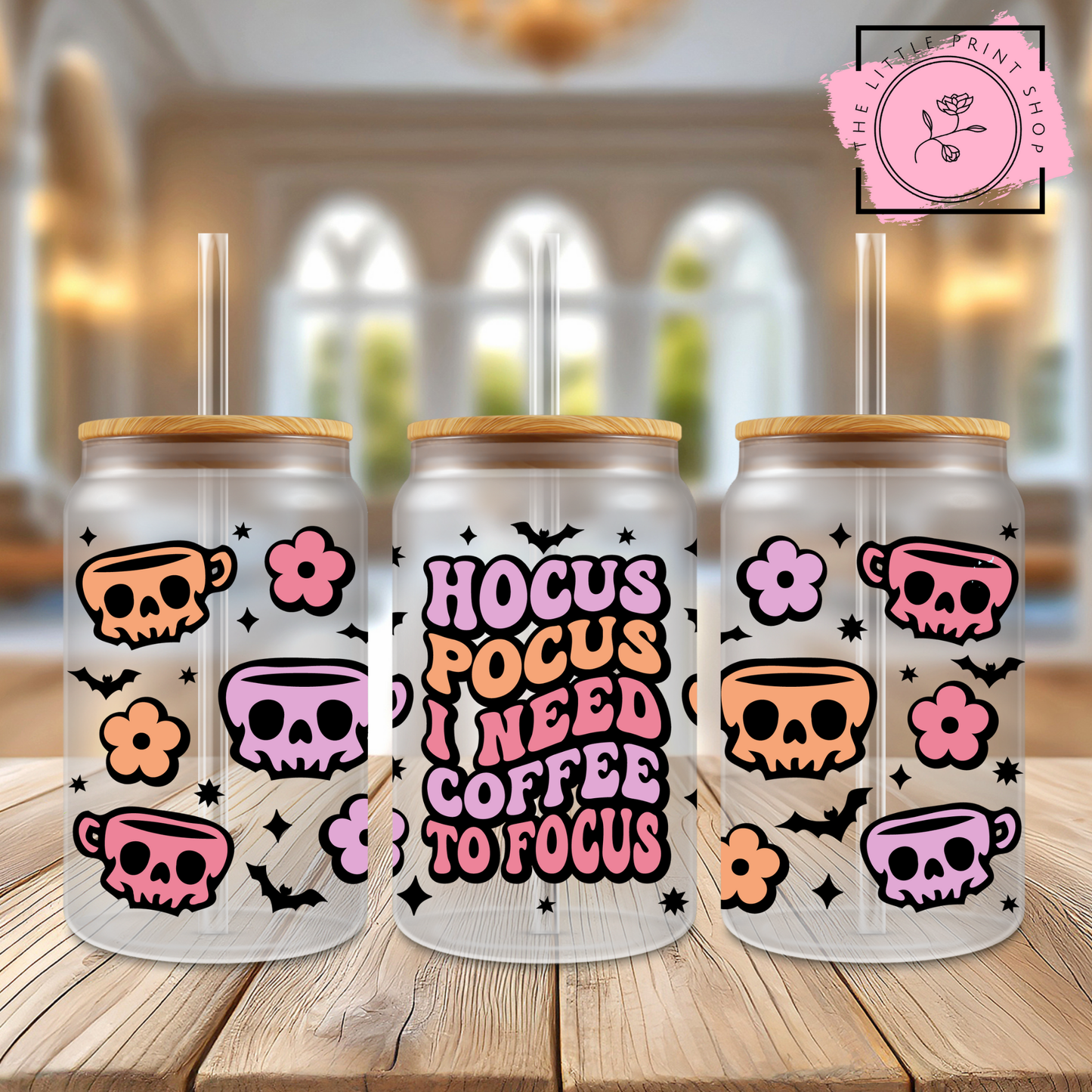 Hocus Pocus 'I Need Coffee' - 16oz Libbey Glass Printed UV DTF Wrap