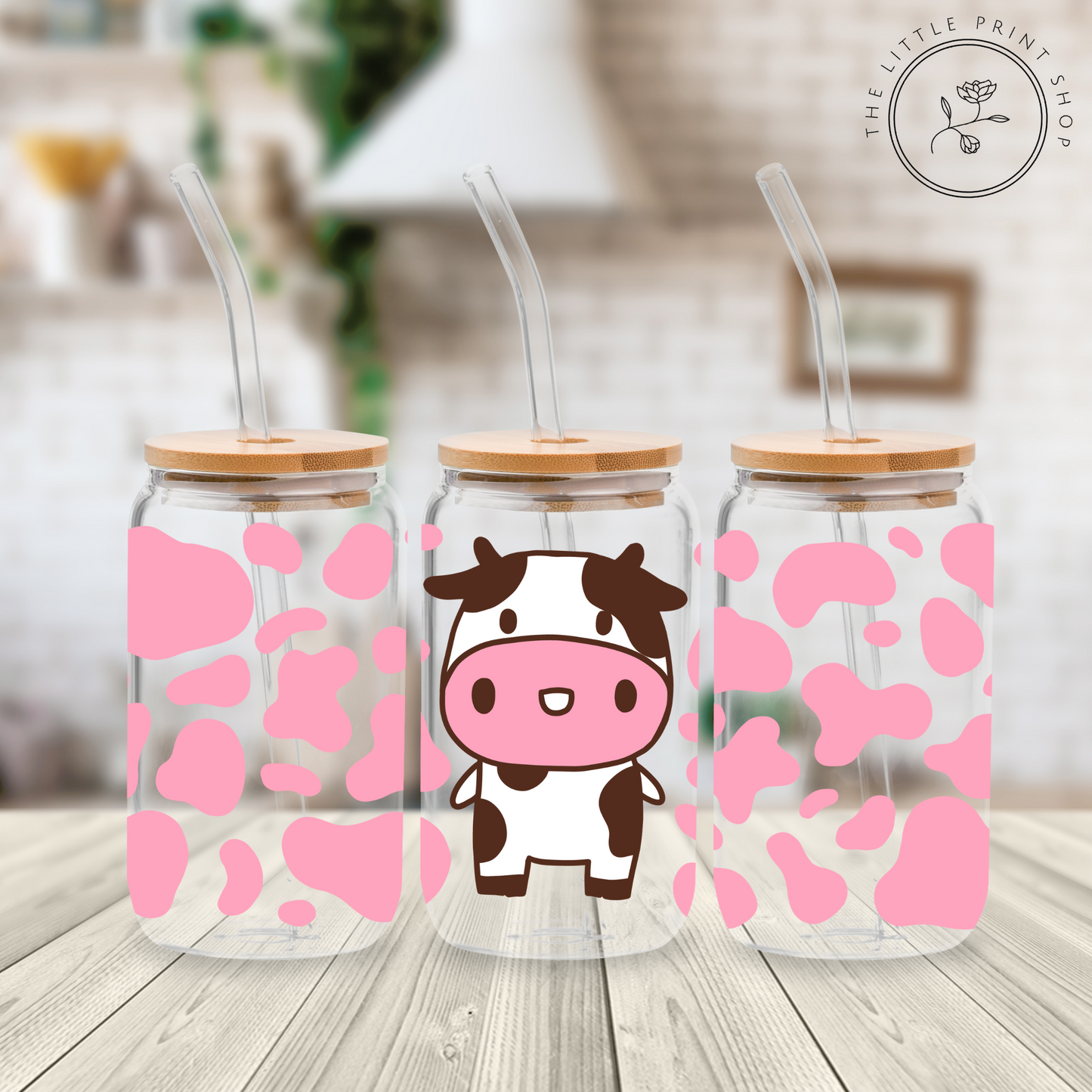 Pink Moo Splats - 16oz Libbey Glass Printed UV DTF Wrap