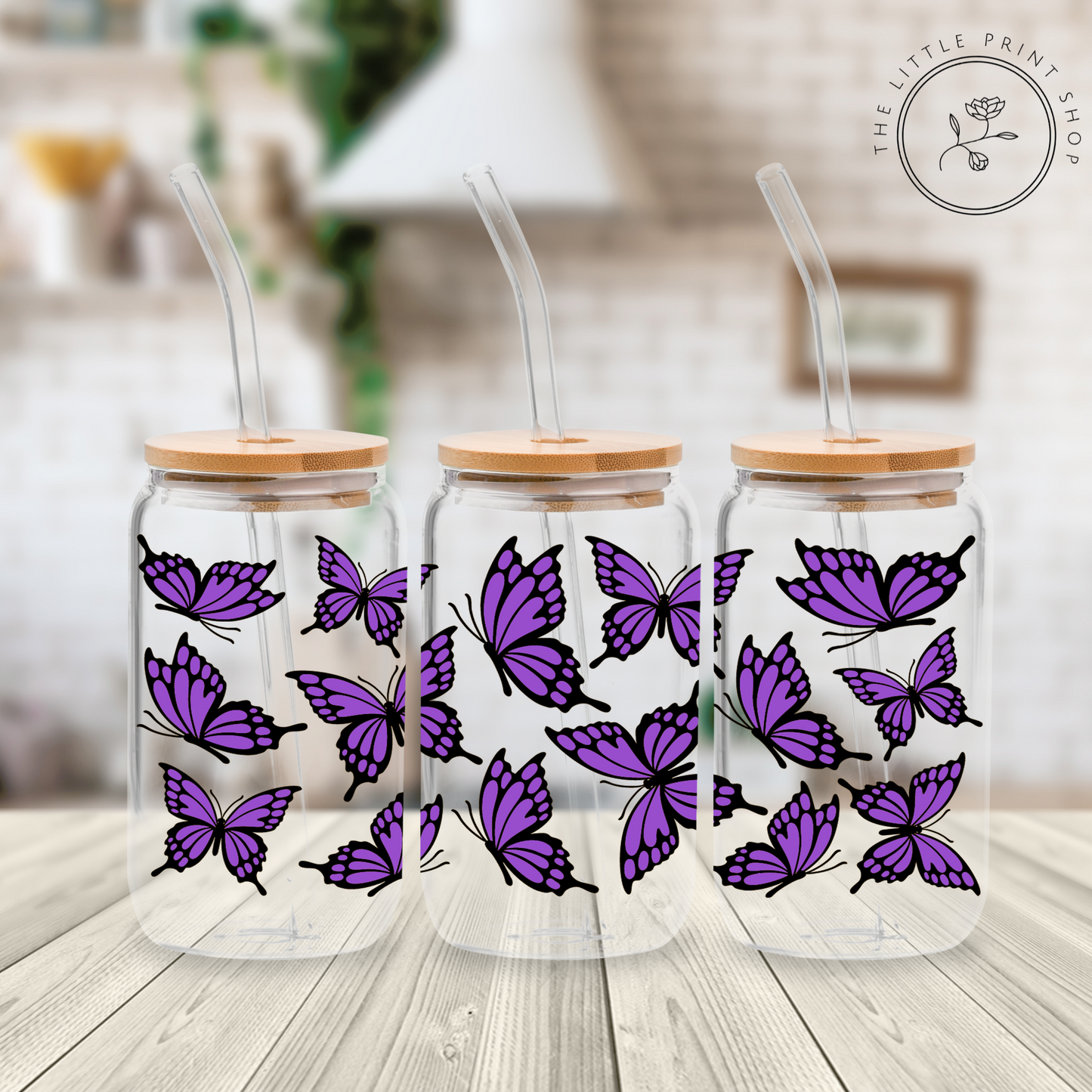 Purple Butterflies - 16oz Libbey Glass Printed UV DTF Wrap