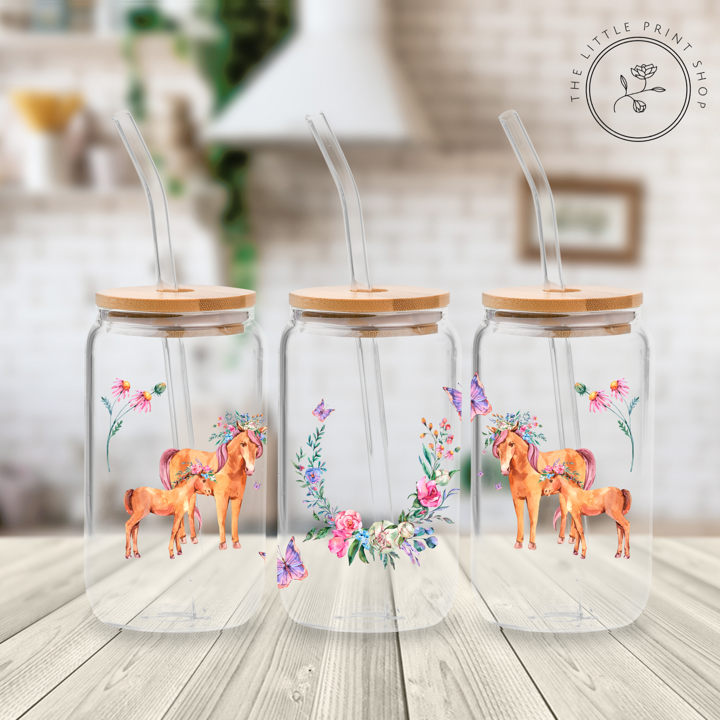 Horses & Flowers - 16oz Libbey Glass Printed UV DTF Wrap
