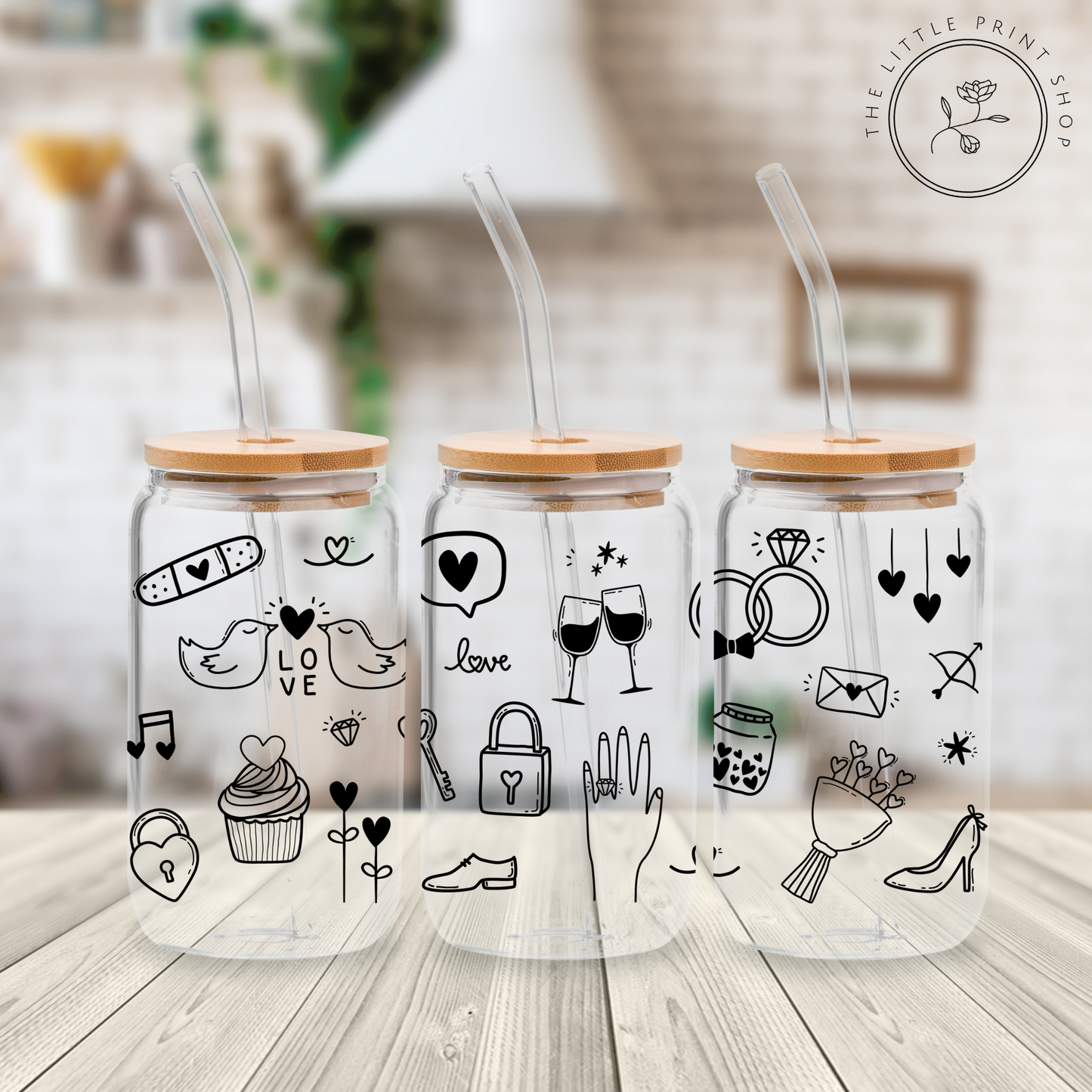 Wedding Icons - 16oz Libbey Glass Printed UV DTF Wrap