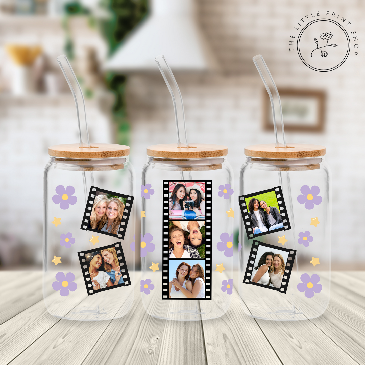 Daisy Flowers Film Strip - Lilac - 16oz Libbey Glass Printed UV DTF Wrap