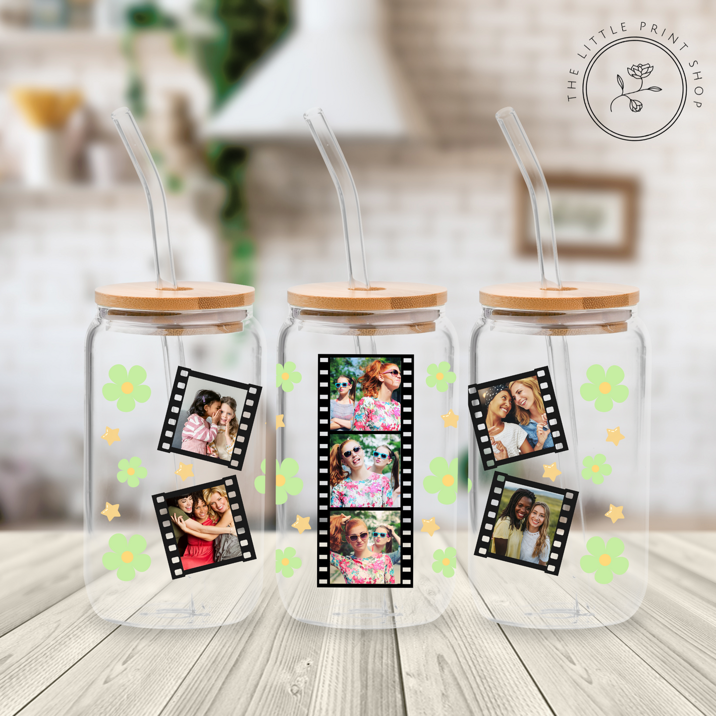 Daisy Flowers Film Strip - Green - 16oz Libbey Glass Printed UV DTF Wrap