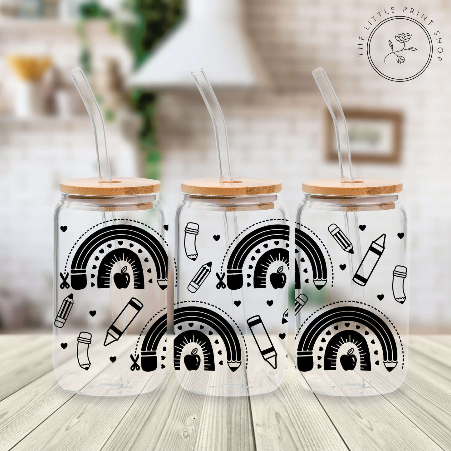 Rainbows Black Outline - 16oz Libbey Glass Printed UV DTF Wrap