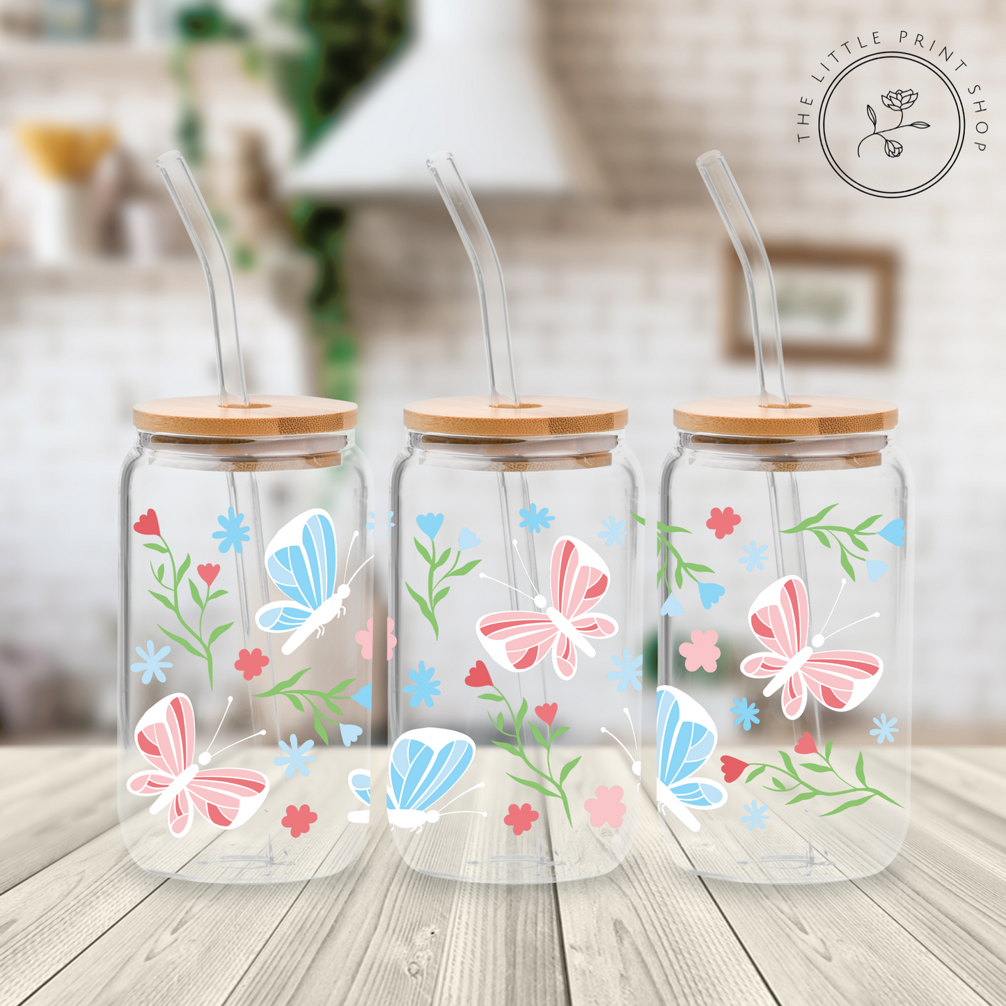 Red & Blue Butterflies - 16oz Libbey Glass Printed UV DTF Wrap