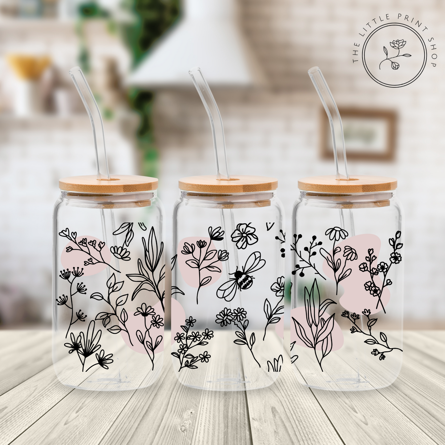 Flower Outline - 16oz Libbey Glass Printed UV DTF Wrap