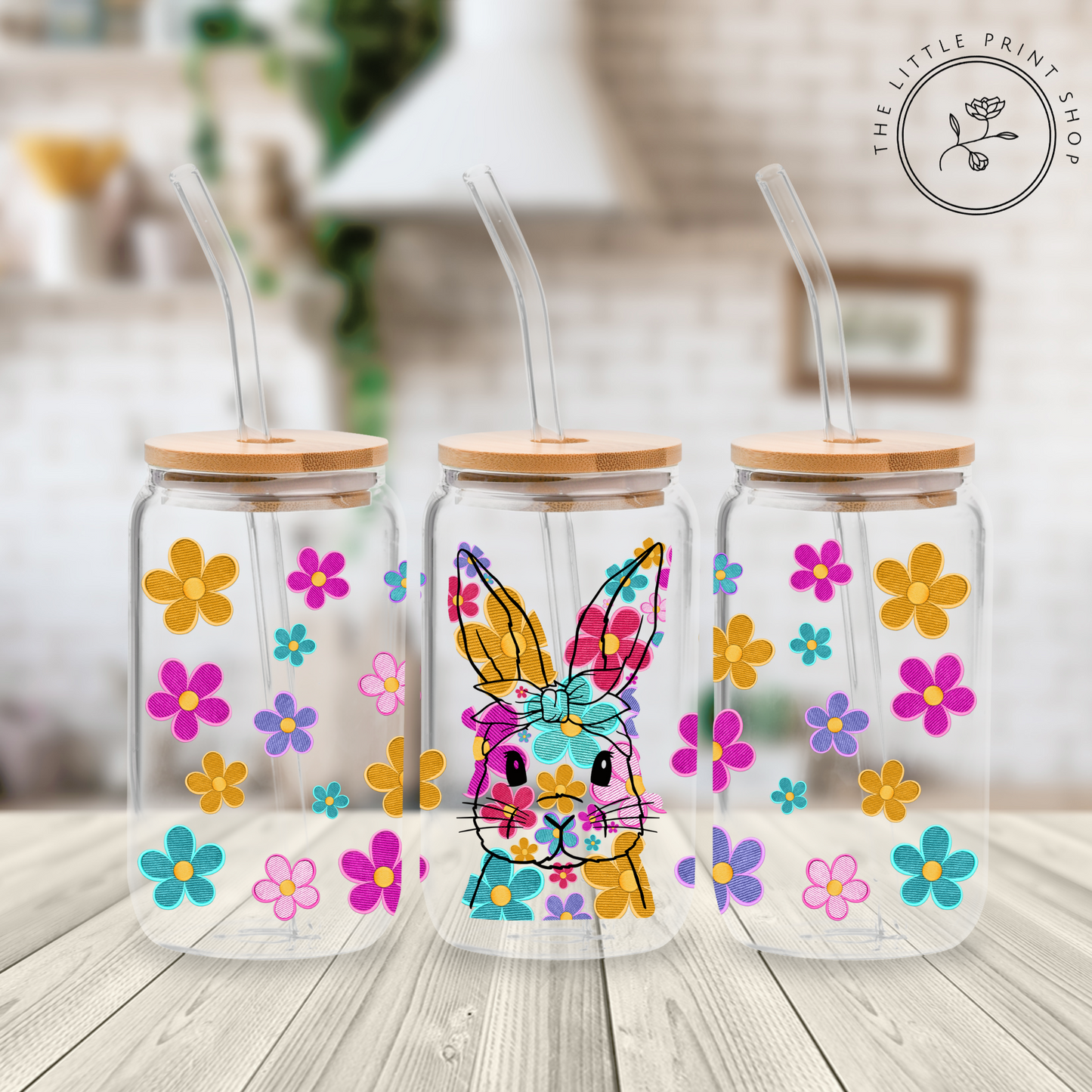 Bunny Flowers - 16oz Libbey Glass Printed UV DTF Wrap