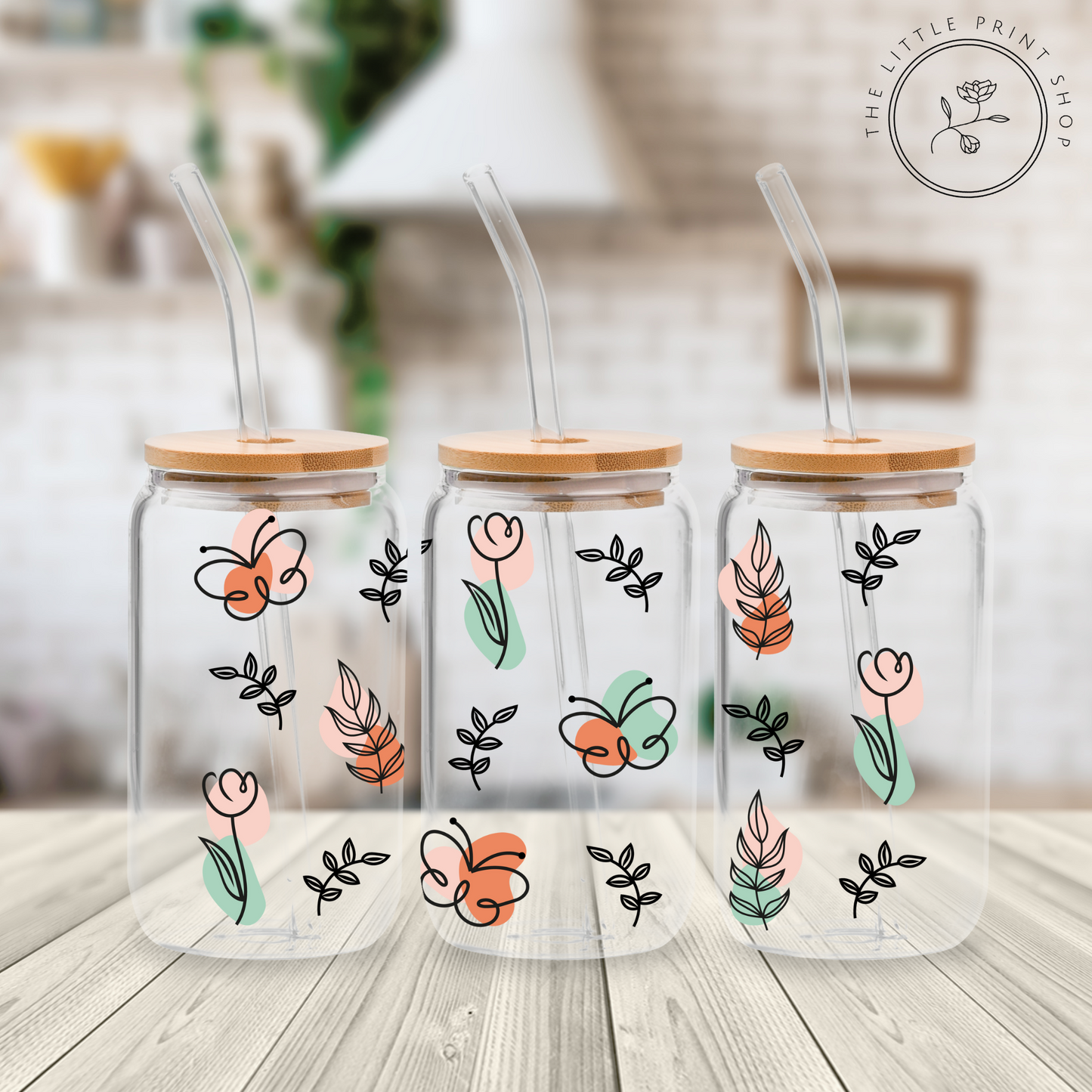 Autumn Flowers - 16oz Libbey Glass Printed UV DTF Wrap