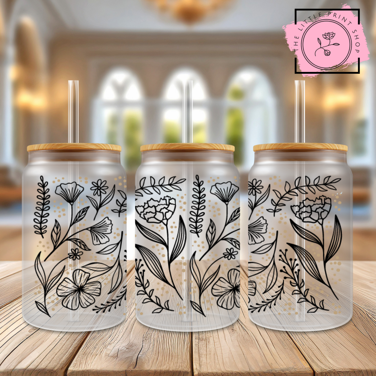 Black Flower Lines - 16oz Libbey Glass Printed UV DTF Wrap