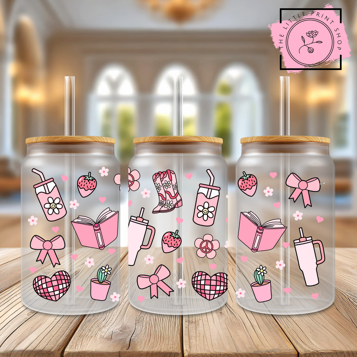 Pink Girly Icons - 16oz Libbey Glass Printed UV DTF Wrap