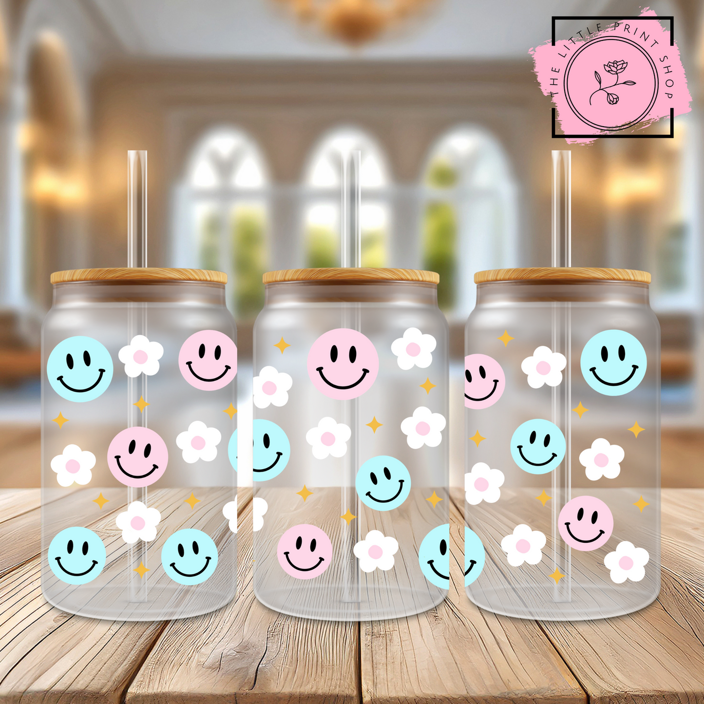 Smiley Faces - 16oz Libbey Glass Printed UV DTF Wrap