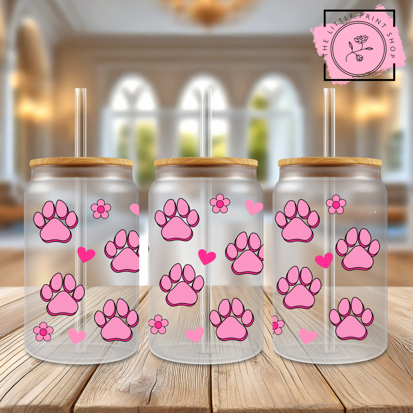 Pink Paw Prints - 16oz Libbey Glass Printed UV DTF Wrap