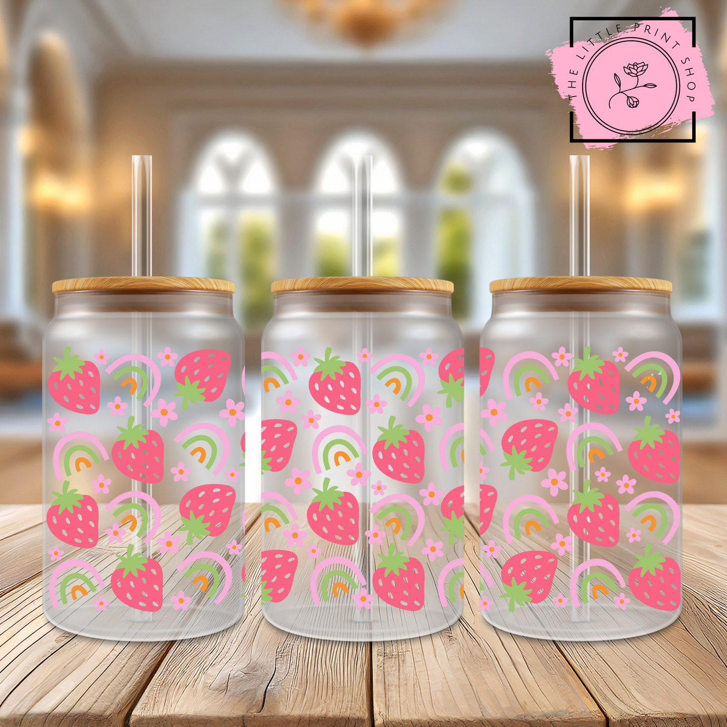 Summer Strawberries - 16oz Libbey Glass Printed UV DTF Wrap