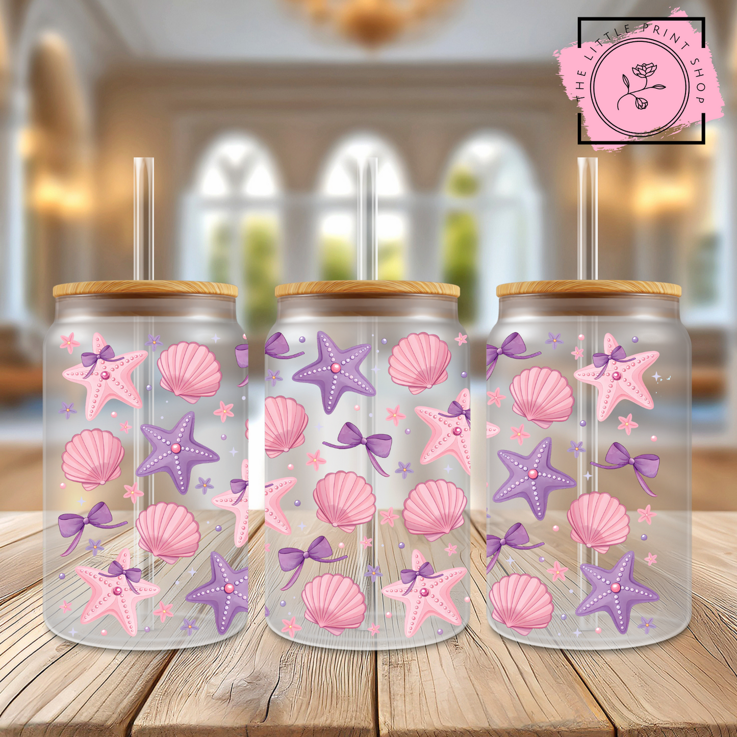 Pink Shells - 16oz Libbey Glass Printed UV DTF Wrap