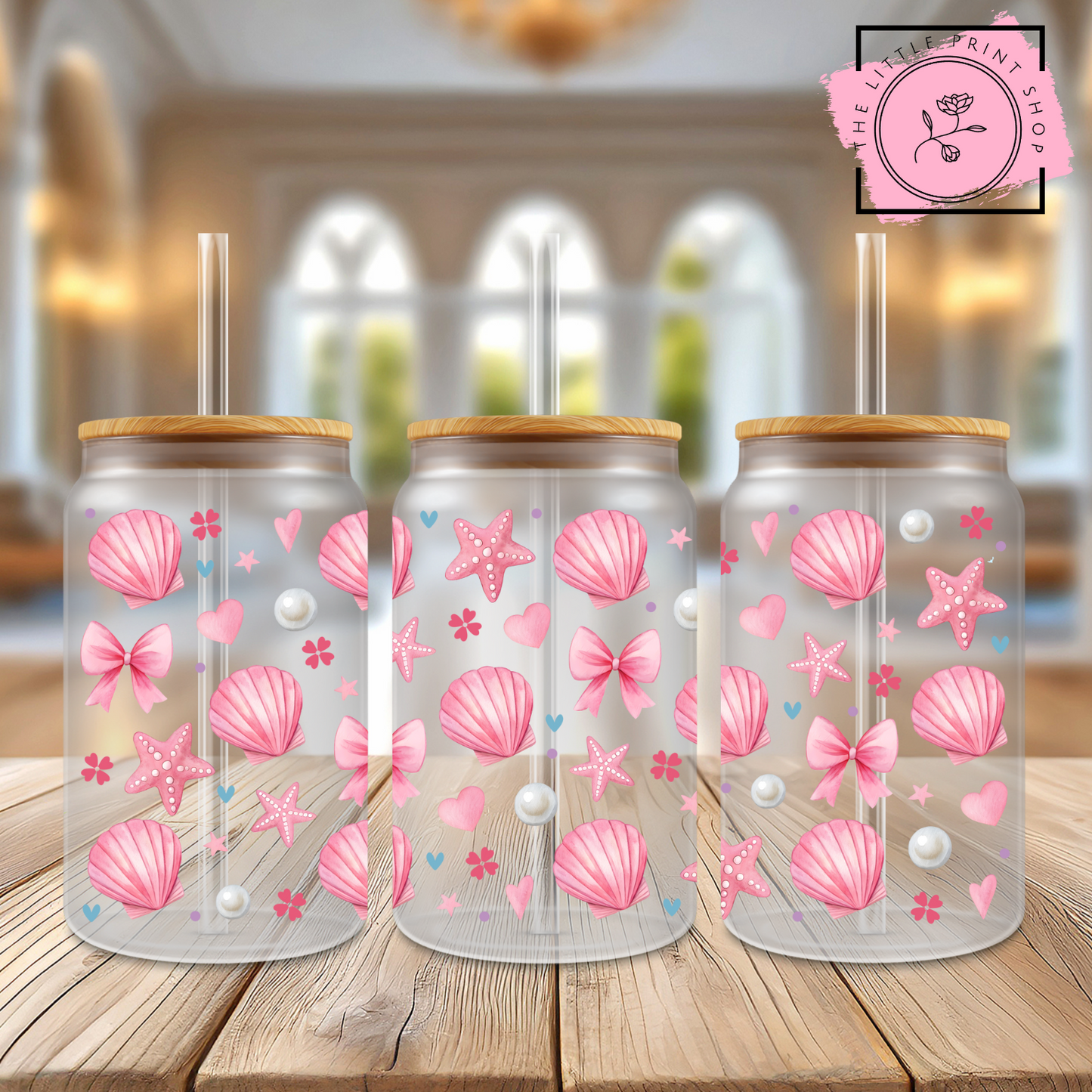 Pink Shells - 16oz Libbey Glass Printed UV DTF Wrap