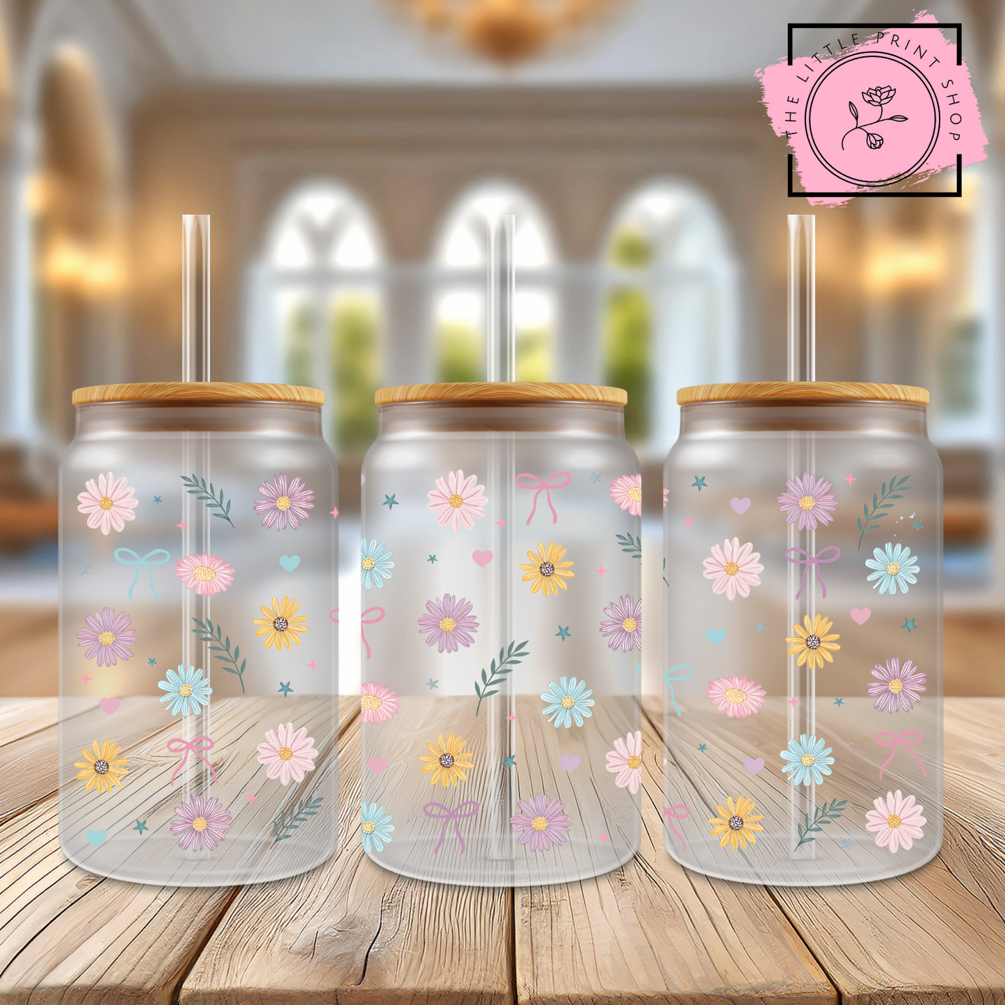Dainty Pastel Flowers - 16oz Libbey Glass Printed UV DTF Wrap