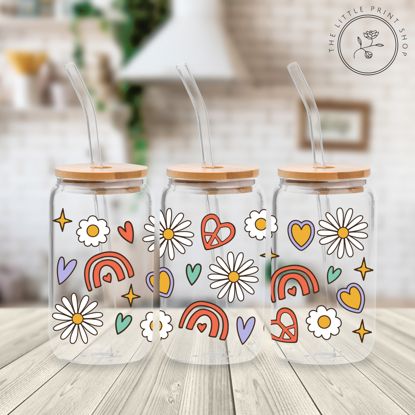 Rainbows & Daisies - 16oz Libbey Glass Printed UV DTF Wrap