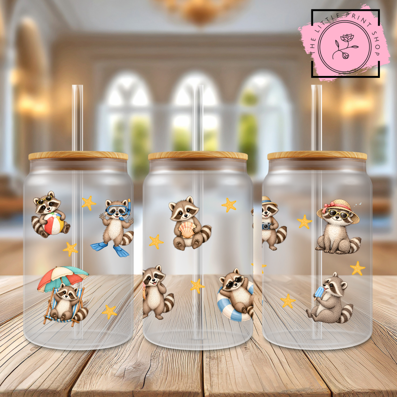 Summer Racoons - 16oz Libbey Glass Printed UV DTF Wrap