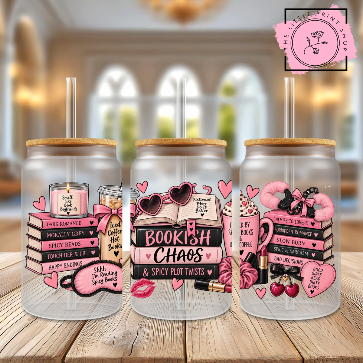 Pink Bookish - 16oz Libbey Glass Printed UV DTF Wrap
