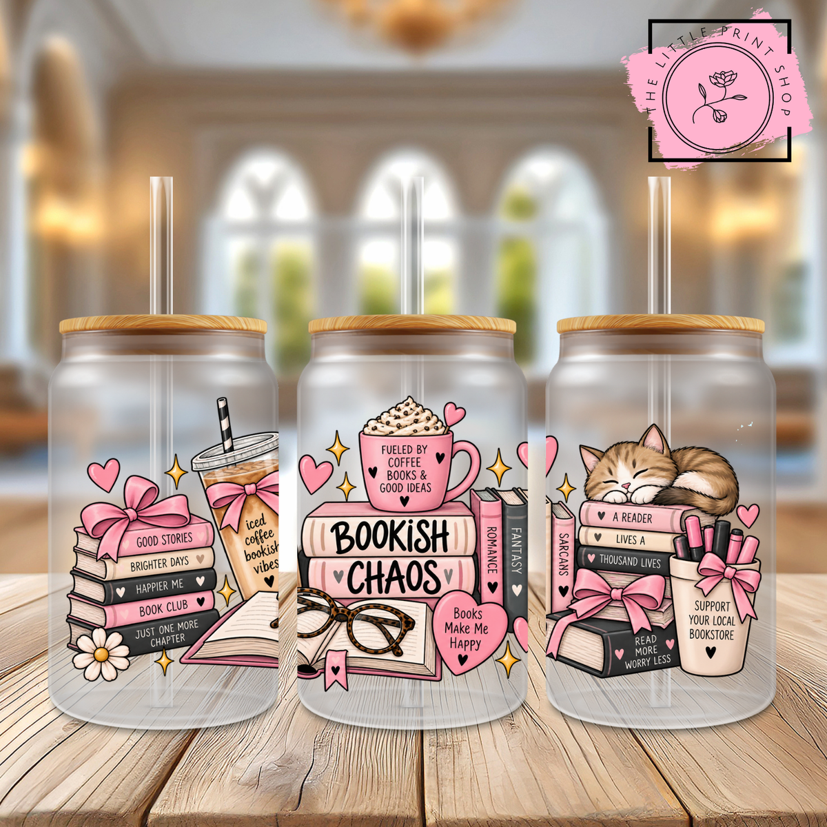 Bookish Chaos - 16oz Libbey Glass Printed UV DTF Wrap