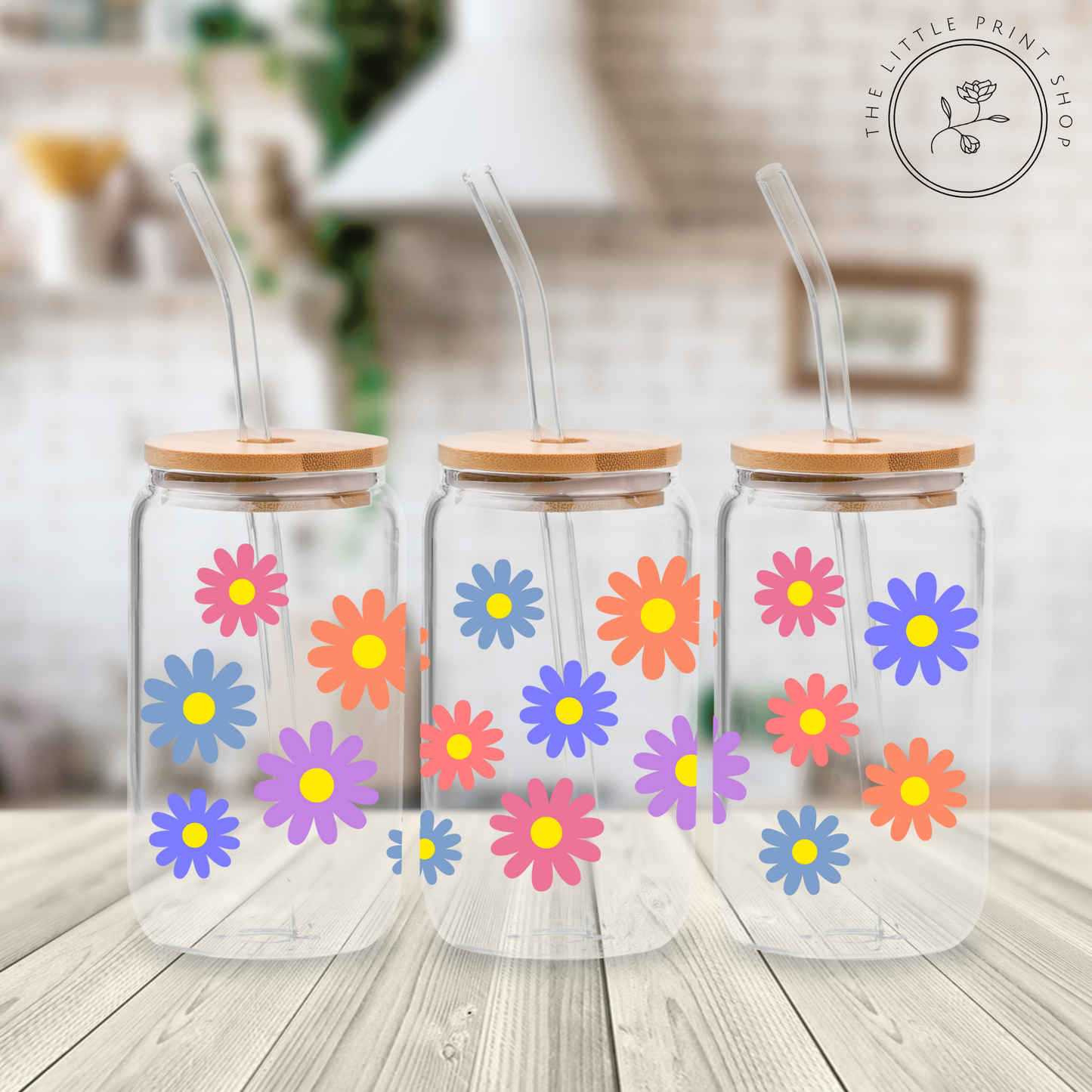 Colourful Daisies - 16oz Libbey Glass Printed UV DTF Wrap