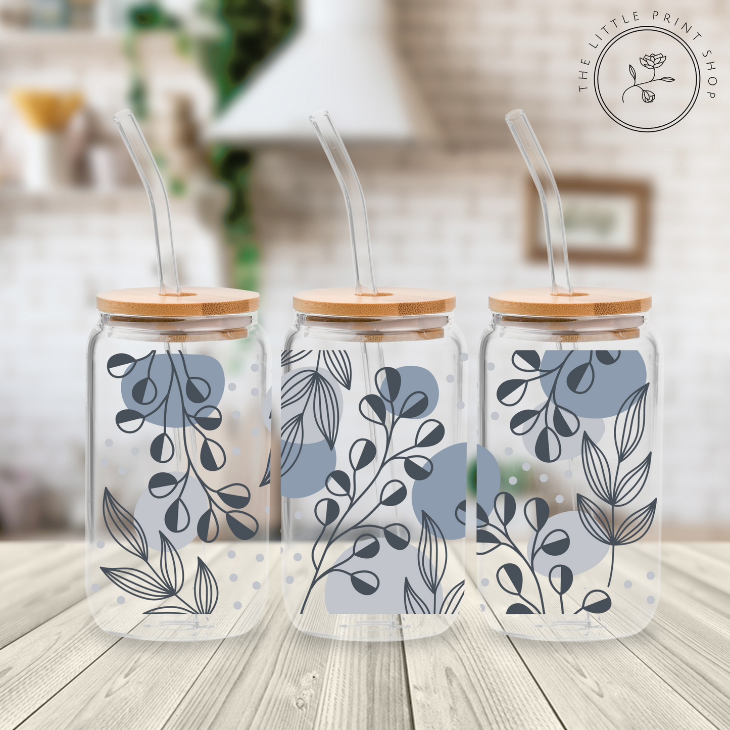 Blue Flowers - 16oz Libbey Glass Printed UV DTF Wrap