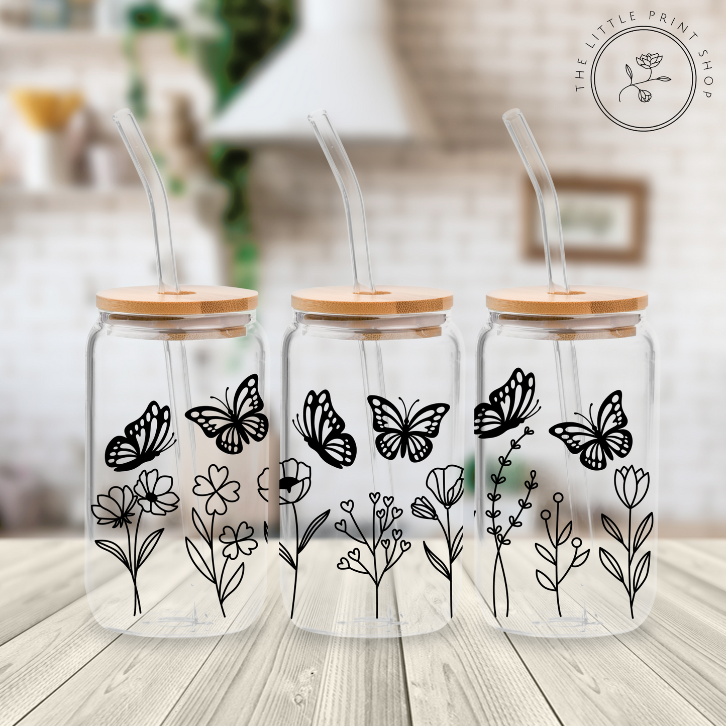 Flowers & Butterflies - 16oz Libbey Glass Printed UV DTF Wrap