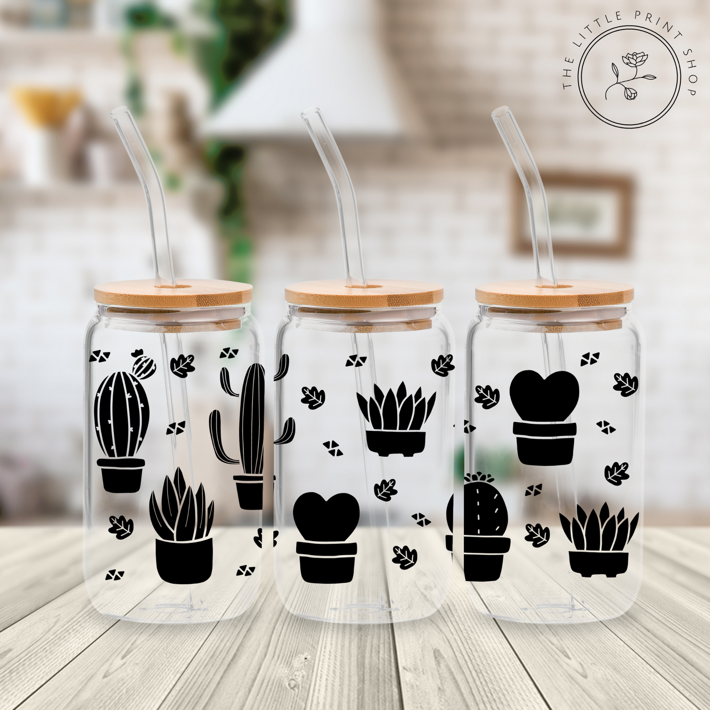 Cactus Black Outline - 16oz Libbey Glass Printed UV DTF Wrap