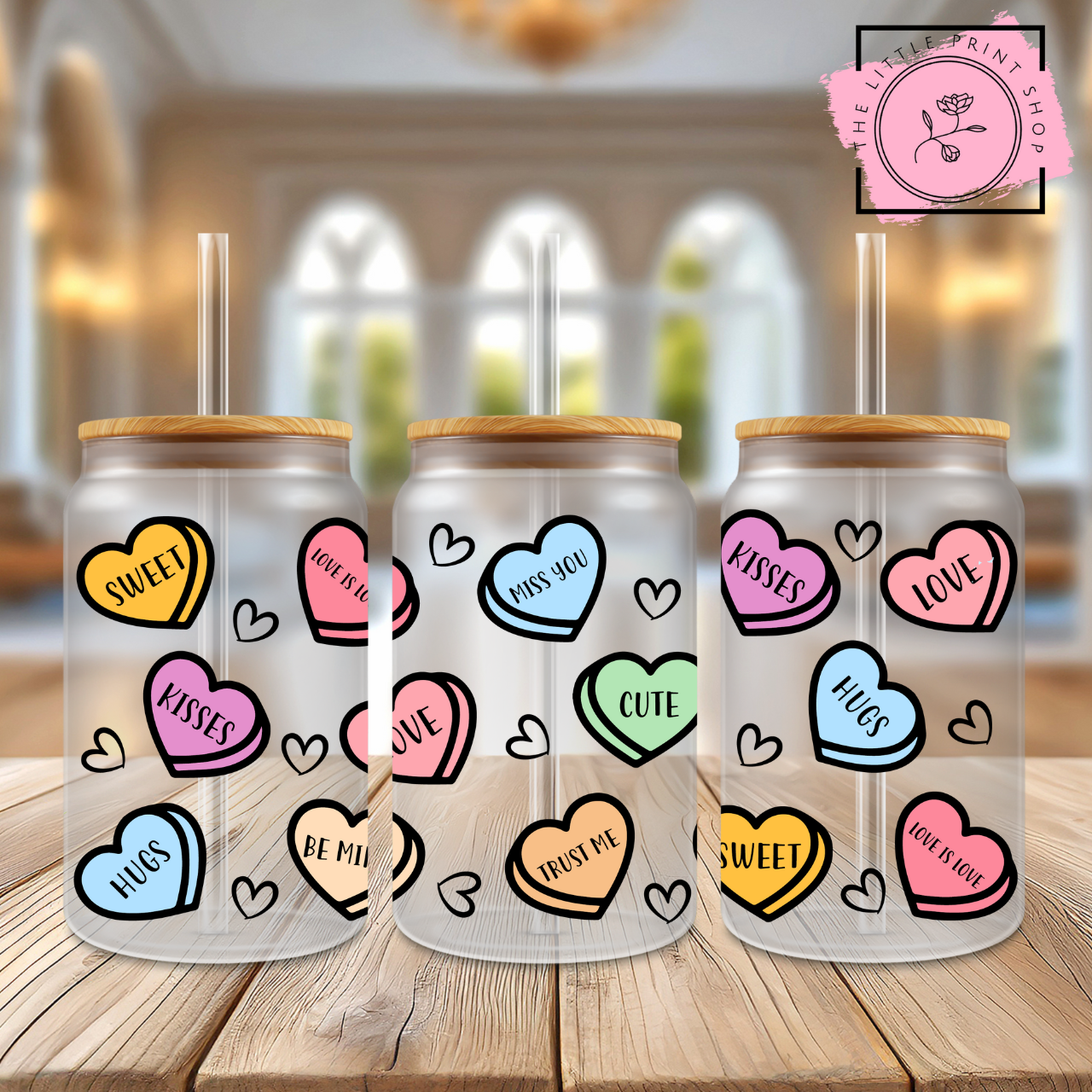 Candy Hearts - 16oz Libbey Glass Printed UV DTF Wrap