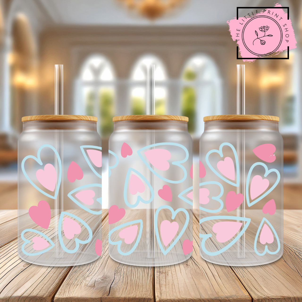Bubble Gum Hearts - 16oz Libbey Glass Printed UV DTF Wrap