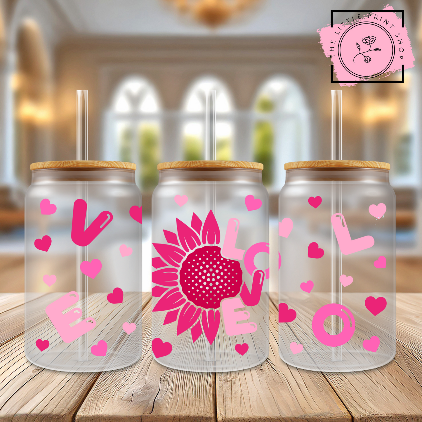 Pink Flower Love - 16oz Libbey Glass Printed UV DTF Wrap