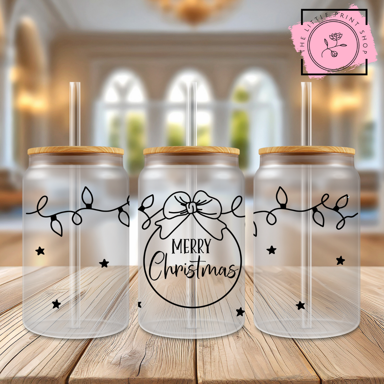 Merry Christmas Outline - 16oz Libbey Glass Printed UV DTF Wrap