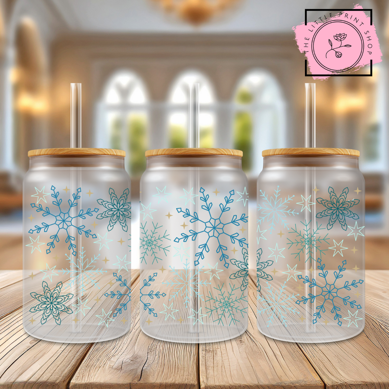 Blue Snowflakes - 16oz Libbey Glass Printed UV DTF Wrap