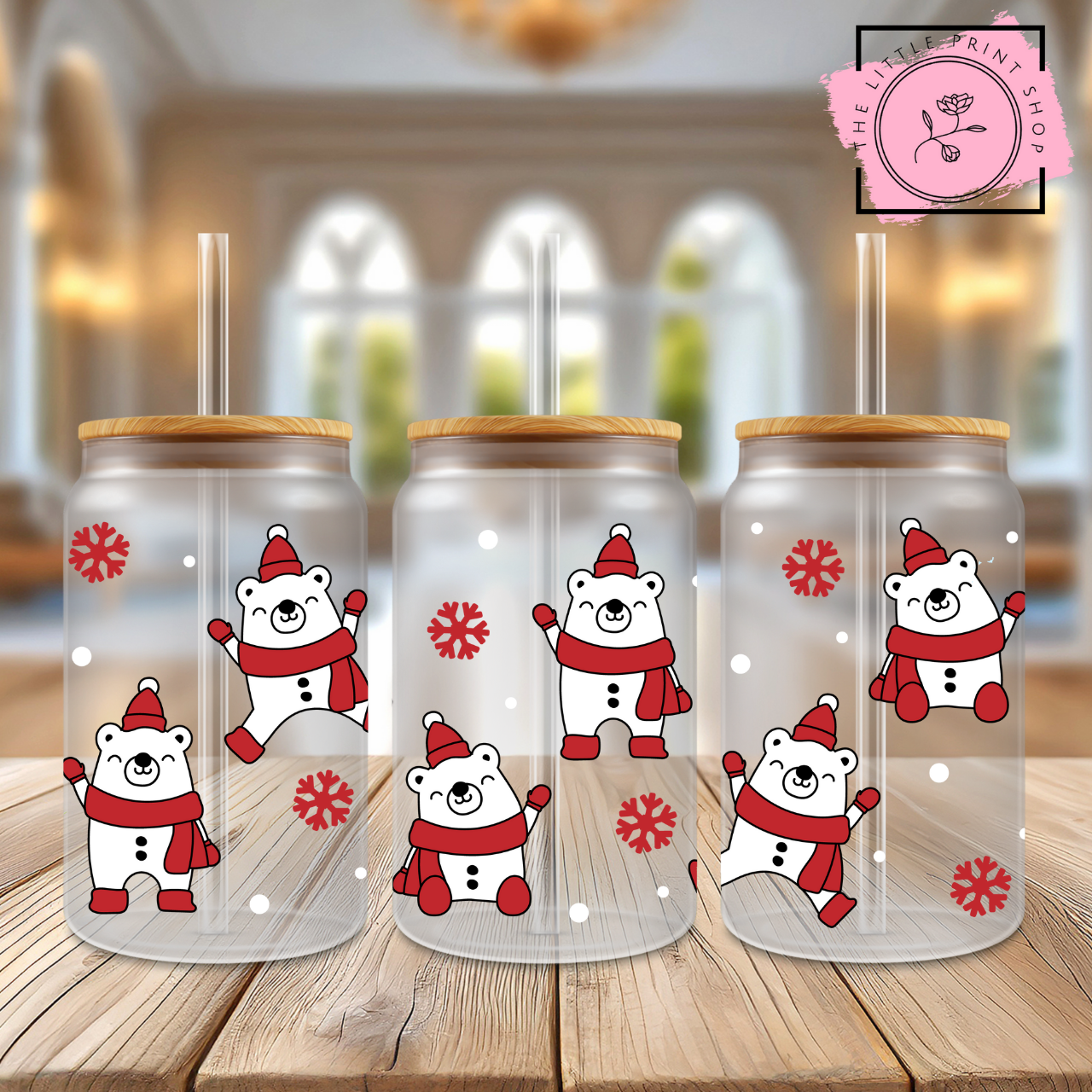 Christmas Polar Bears - 16oz Libbey Glass Printed UV DTF Wrap