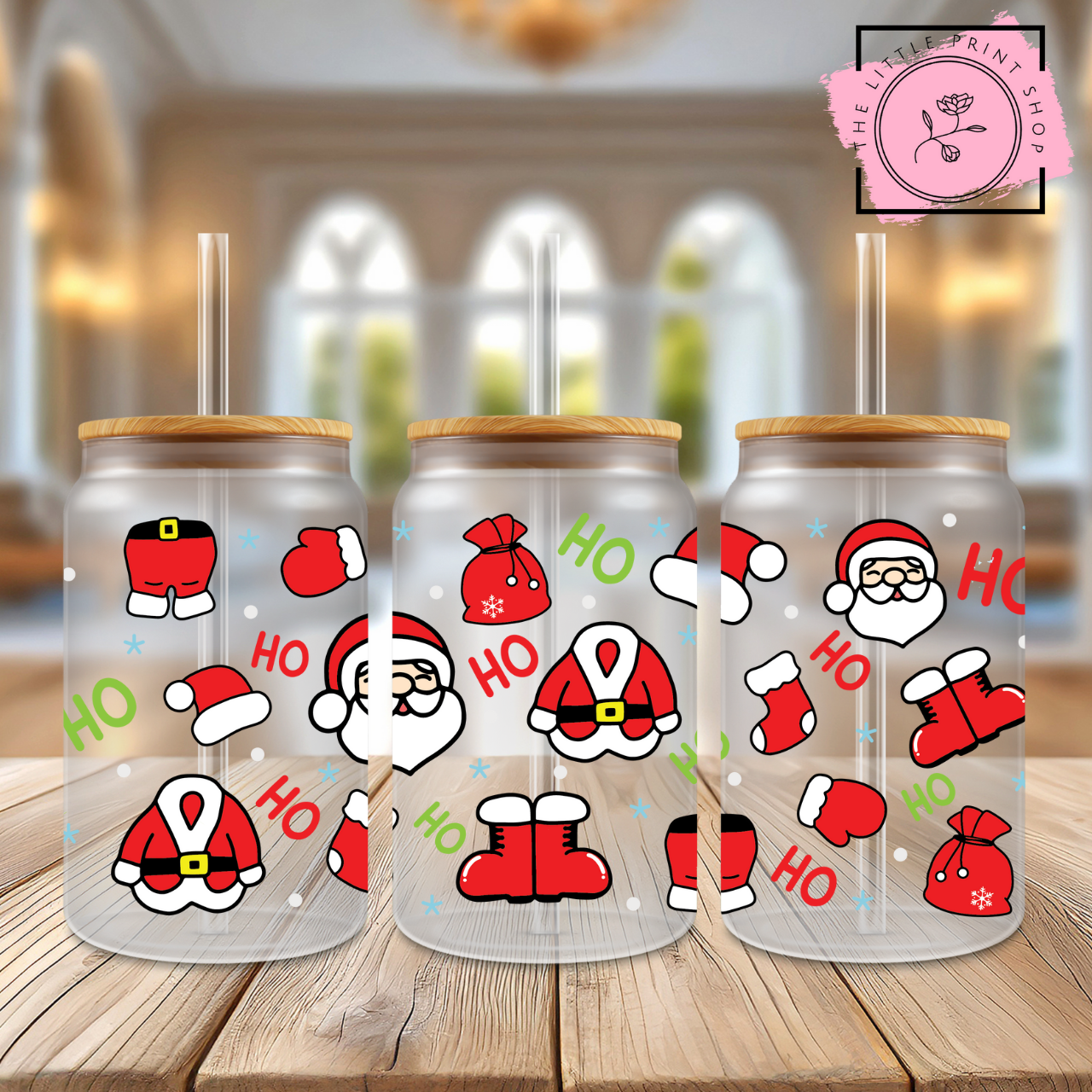 Red Santa - 16oz Libbey Glass Printed UV DTF Wrap