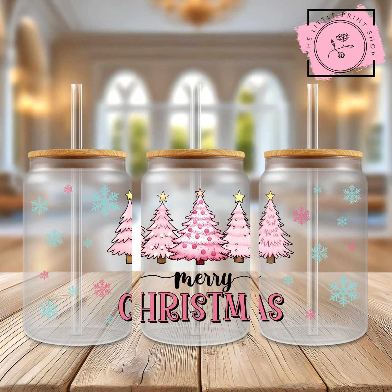 Pink Merry Christmas - 16oz Libbey Glass Printed UV DTF Wrap