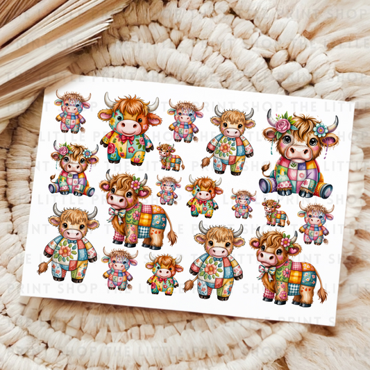 Patchwork Highland Cows - UV DTF A4 Decal Sheet