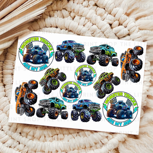 Monster Trucks Mix - UV DTF A4 Decal Sheet