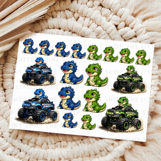 Dino Trucks - Blue & Green - UV DTF A4 Decal Sheet