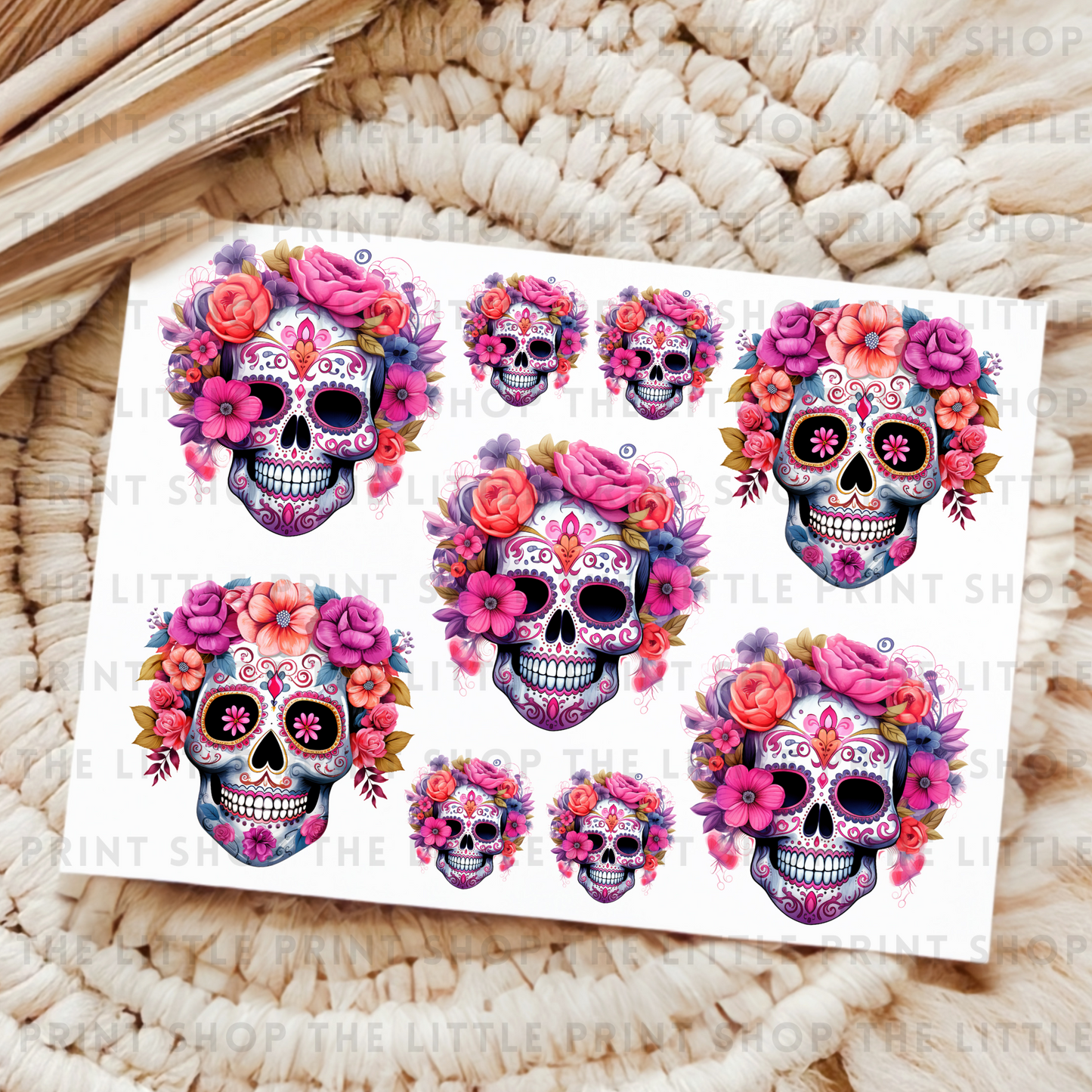 Floral Day Of Dead Skulls - UV DTF 8x6 Decal Sheet