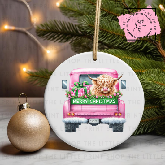Highland Cow - Green Banner - UV DTF Bauble Decal
