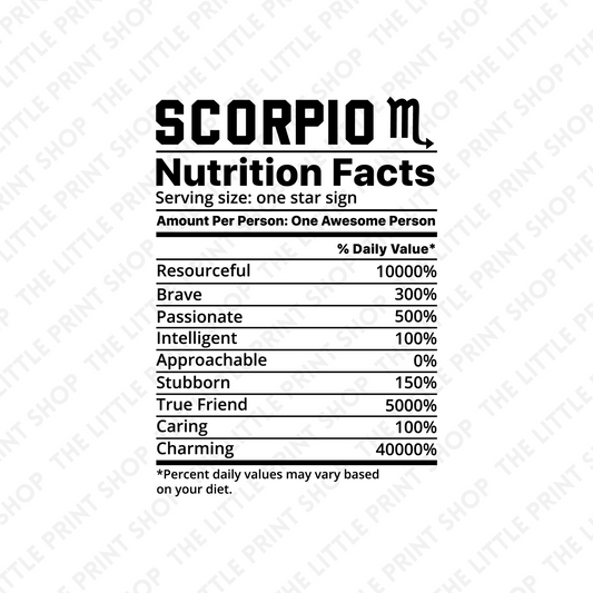Scorpio Nutri Facts - UV DTF 3 inch Decals