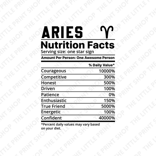 Aries Nutri Facts - UV DTF 3 inch Decals