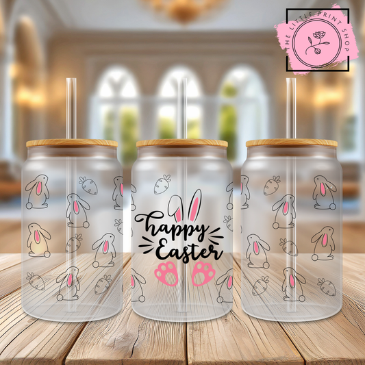 Happy Easter Pink Ears - 16oz Libbey Glass Printed UV DTF Wrap