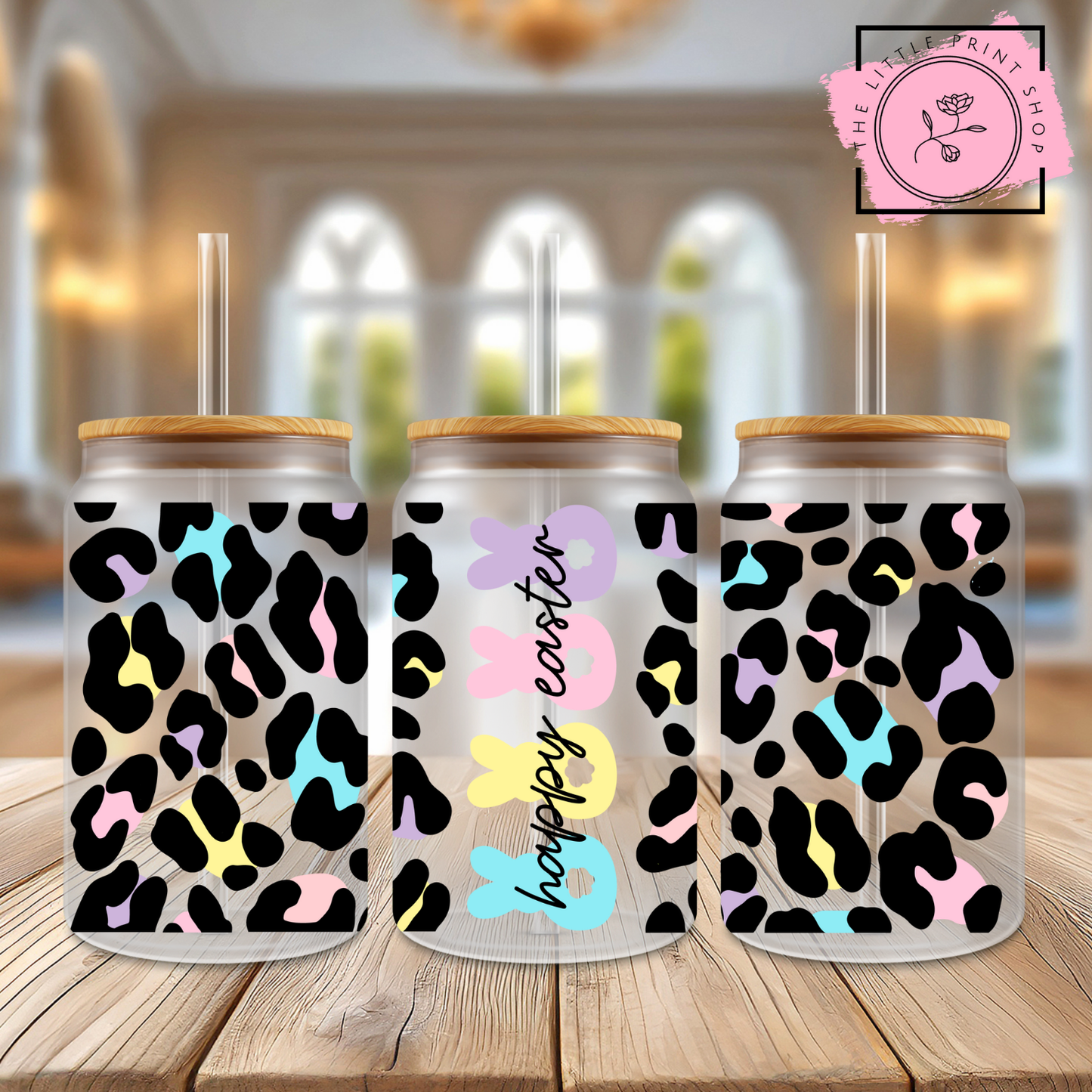 Leopard Print Happy Easter - 16oz Libbey Glass Printed UV DTF Wrap
