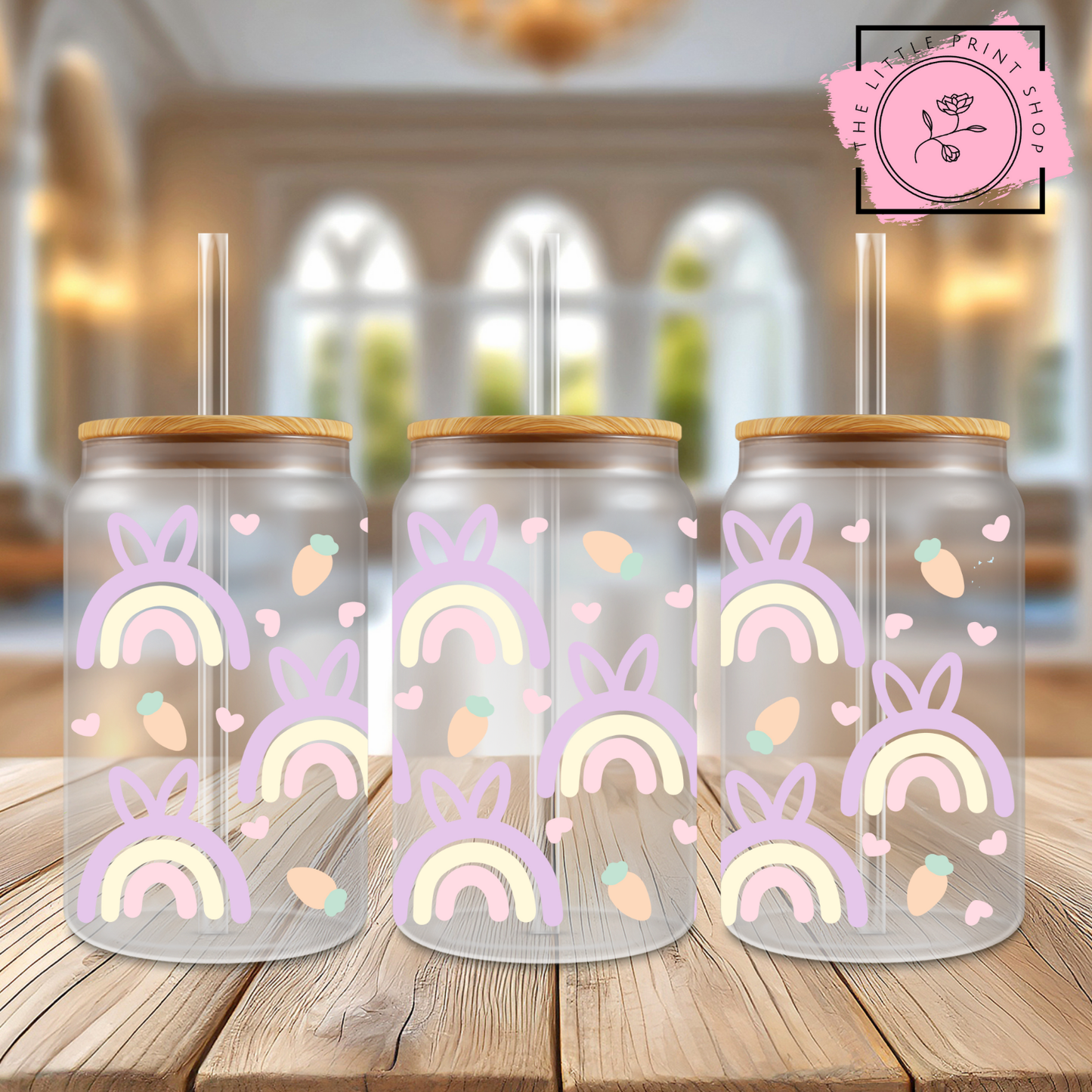 Bunny Rainbows - 16oz Libbey Glass Printed UV DTF Wrap